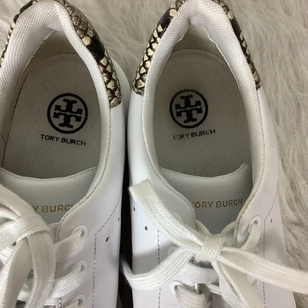Tory Burch Howell Leather Logo Sneaker Titanium White Snake Embossed 9